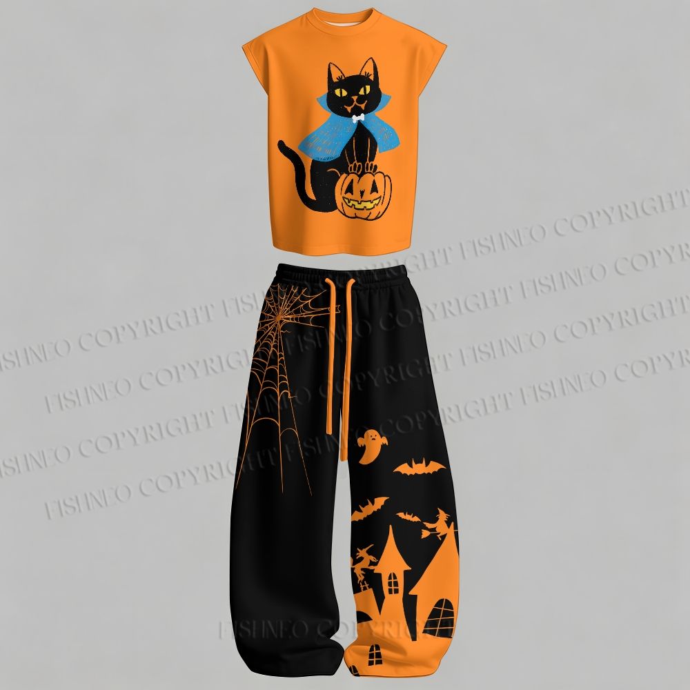 Men's Halloween Black Cat Sleeveless Tank Top & Elasticated Trousers pants Two-Piece Streetwear Set
