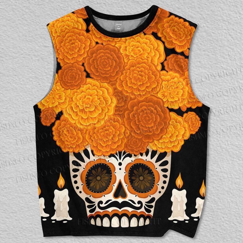 Unisex Flowers in Skull Halloween Printed Tank Top