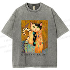 Unisex Klimt Funny Cat Printed Washed Tee