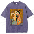 Unisex Klimt Funny Cat Printed Washed Tee