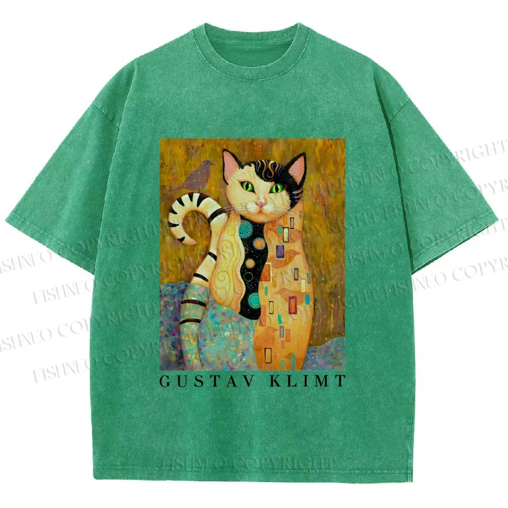 Unisex Klimt Funny Cat Printed Washed Tee
