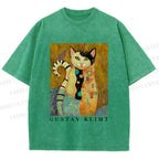 Unisex Klimt Funny Cat Printed Washed Tee