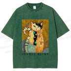 Unisex Klimt Funny Cat Printed Washed Tee