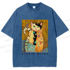 Unisex Klimt Funny Cat Printed Washed Tee