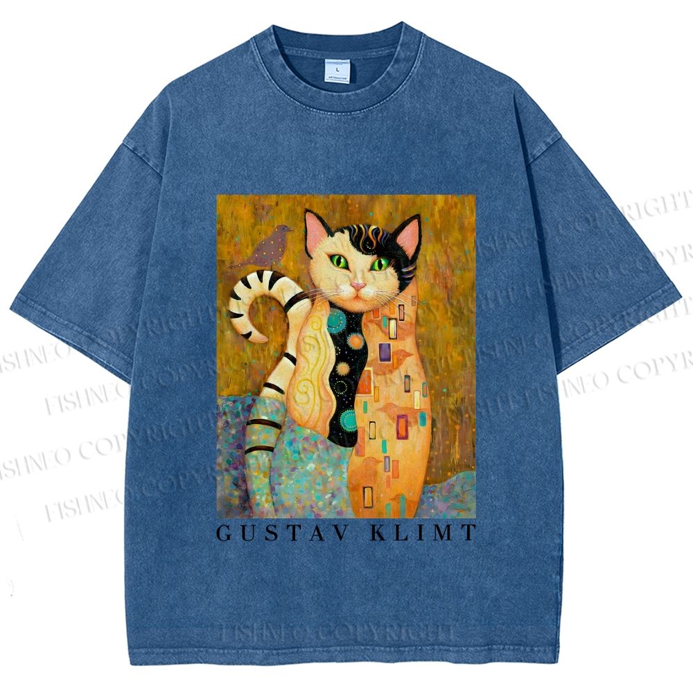 Unisex Klimt Funny Cat Printed Washed Tee
