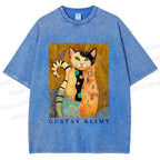Unisex Klimt Funny Cat Printed Washed Tee