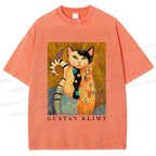 Unisex Klimt Funny Cat Printed Washed Tee