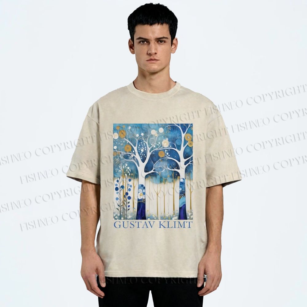 Unisex Klimt Blue Wood Printed Washed Tee