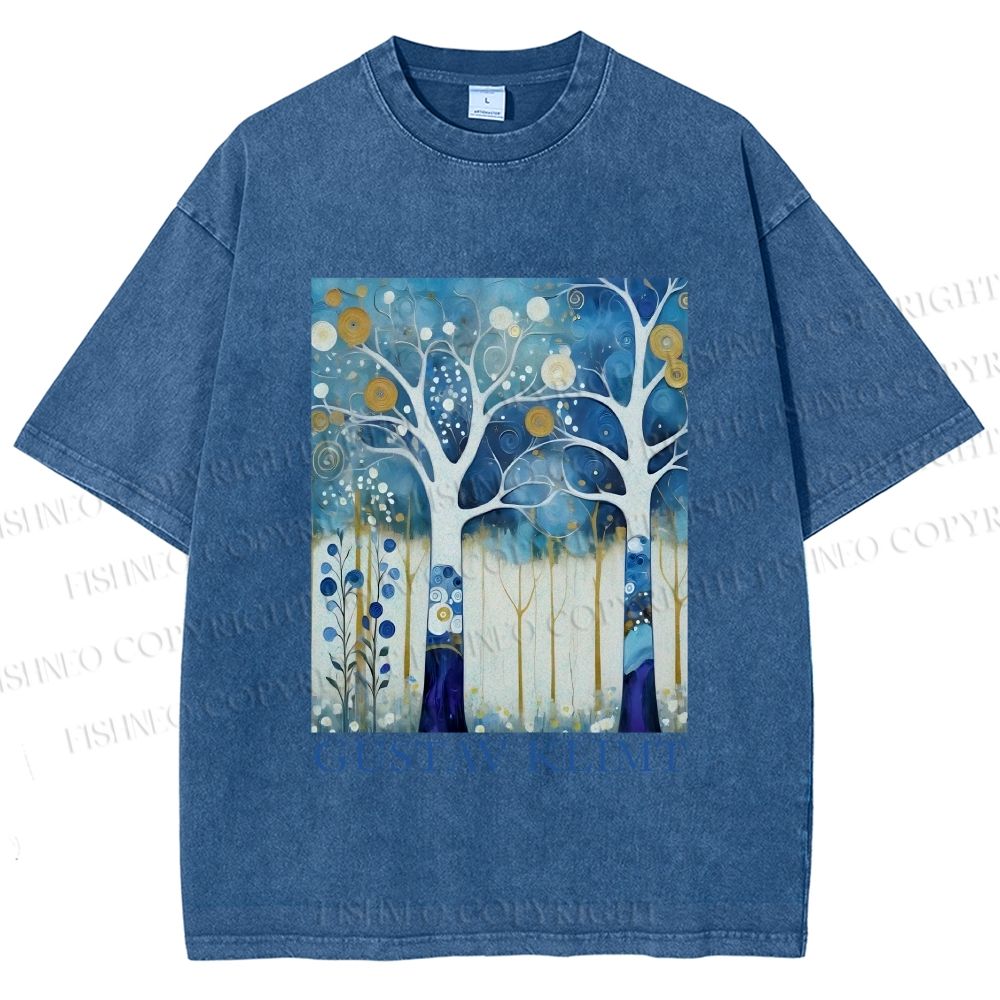 Unisex Klimt Blue Wood Printed Washed Tee