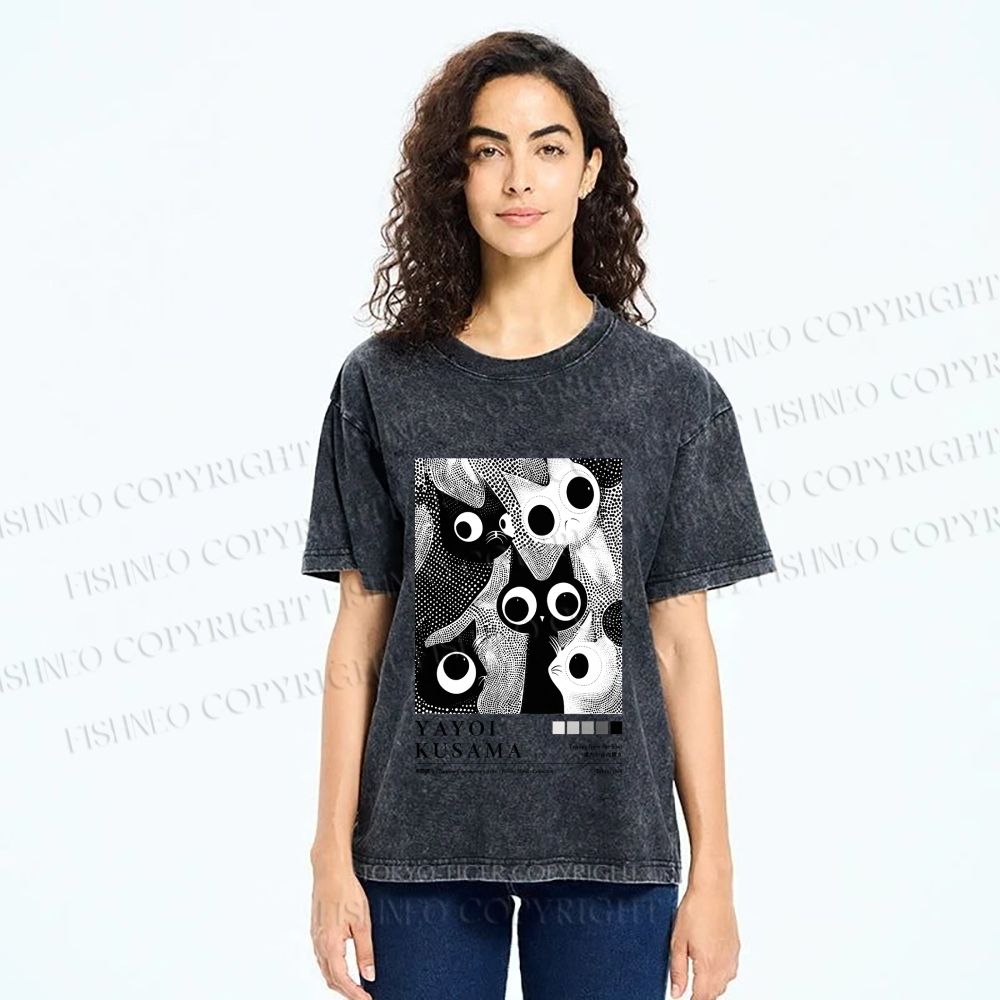 Unisex Yayoi Kusama Cat Printed Washed Tee