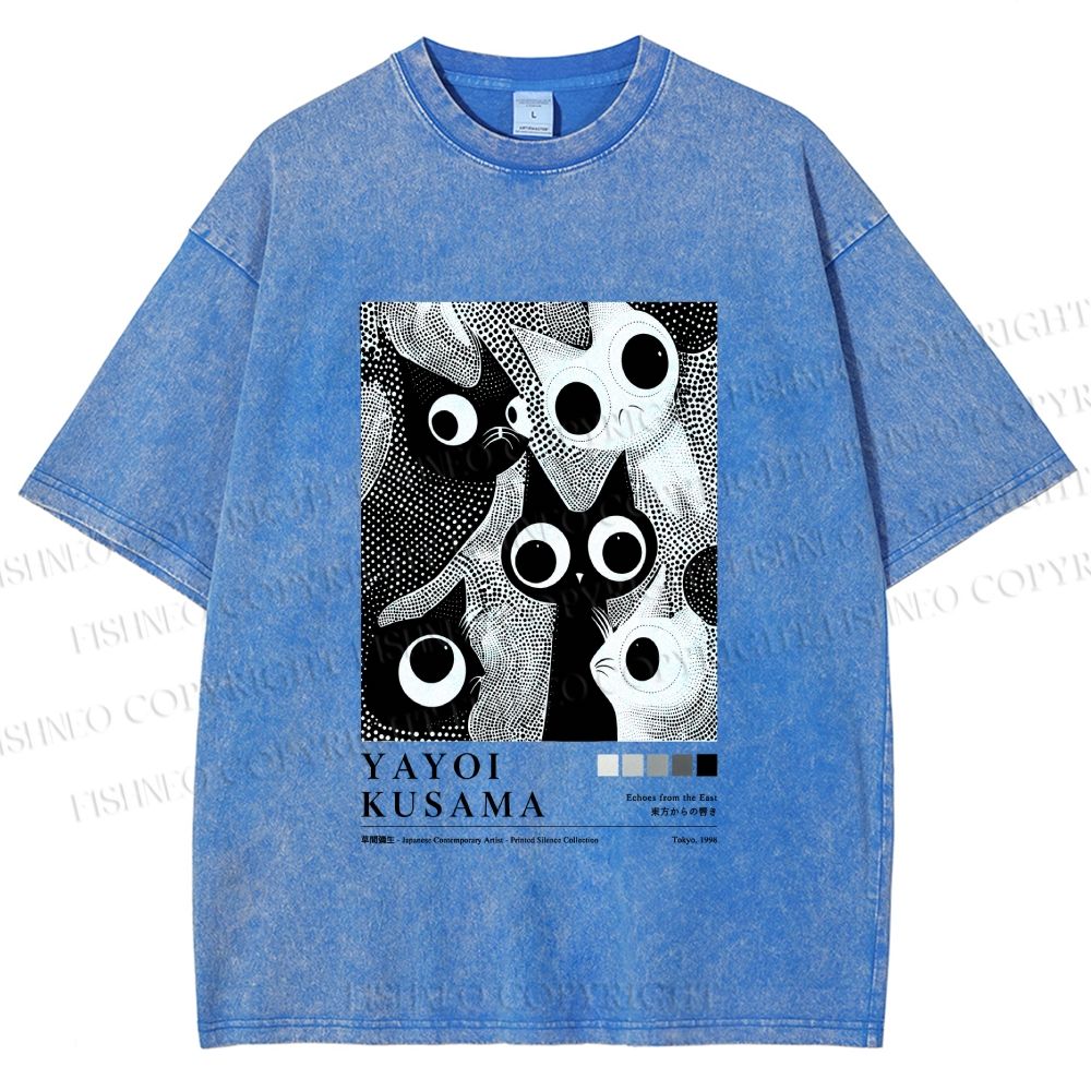 Unisex Yayoi Kusama Cat Printed Washed Tee