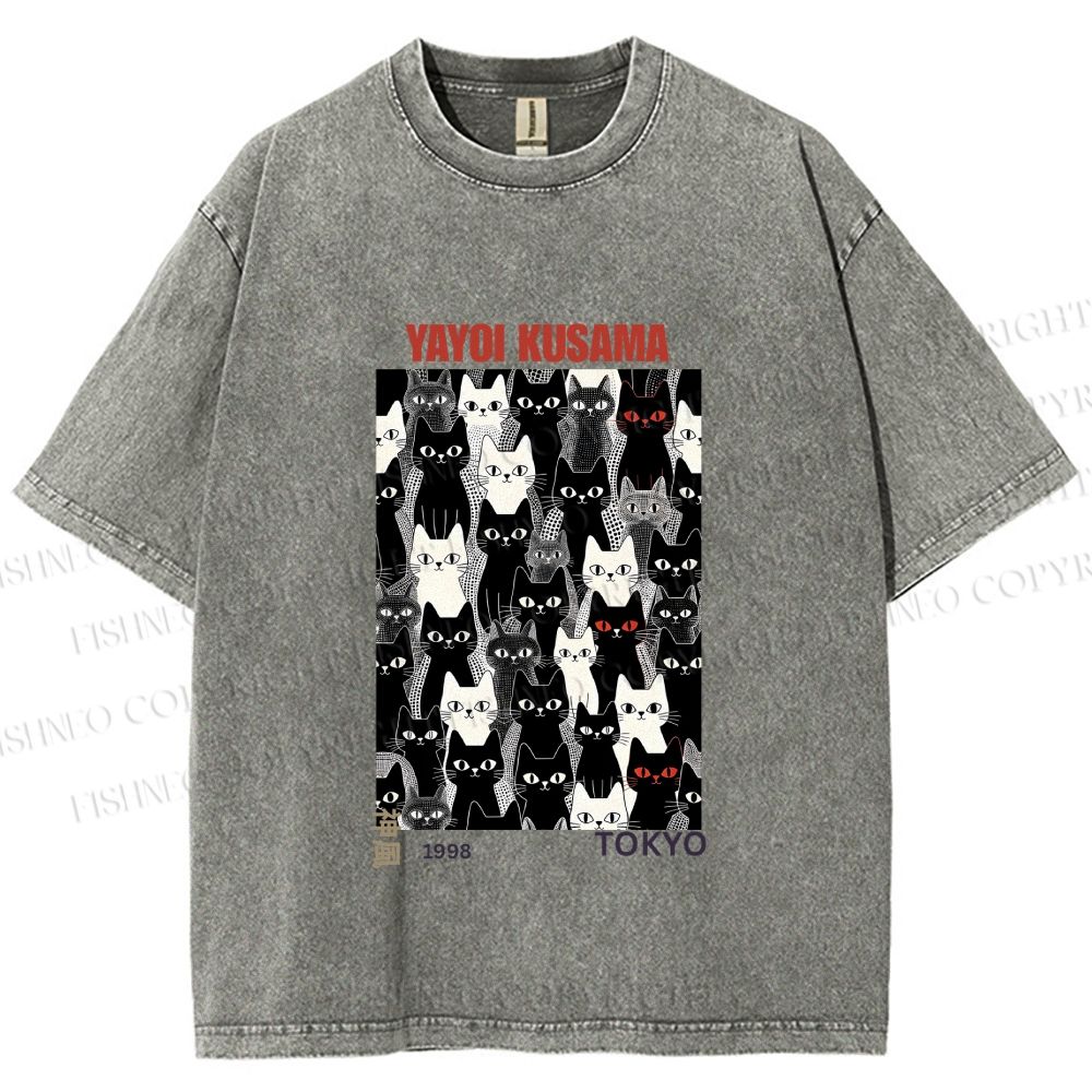 Unisex Yayoi Kusama Cat Printed Washed Tee
