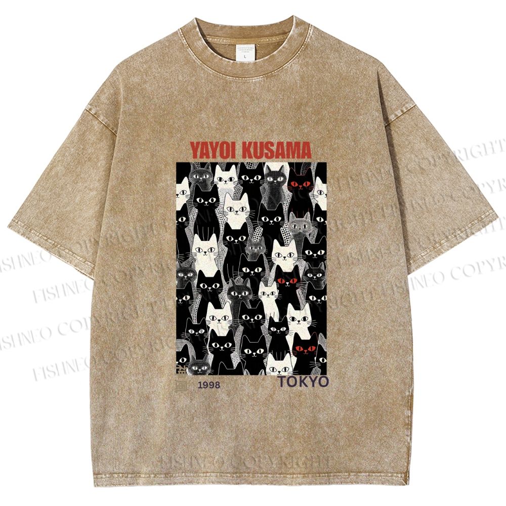 Unisex Yayoi Kusama Cat Printed Washed Tee