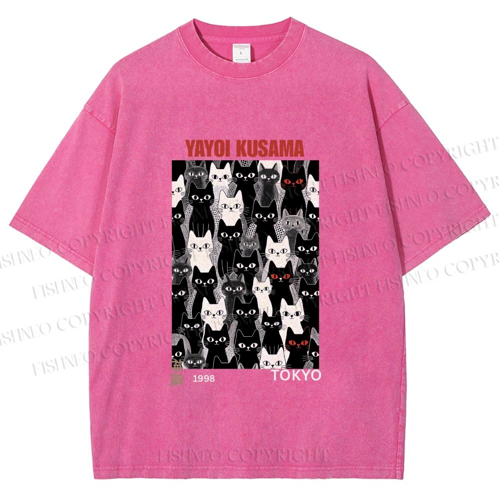 Unisex Yayoi Kusama Cat Printed Washed Tee