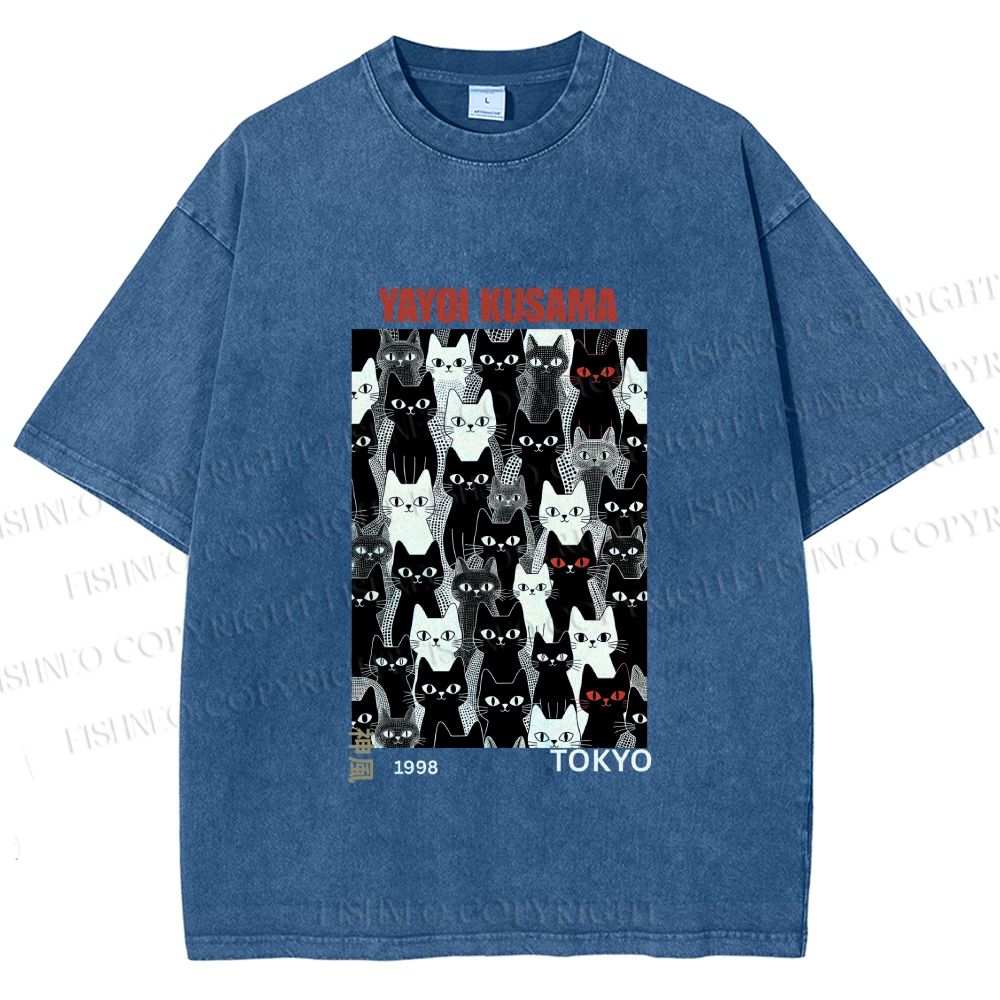 Unisex Yayoi Kusama Cat Printed Washed Tee
