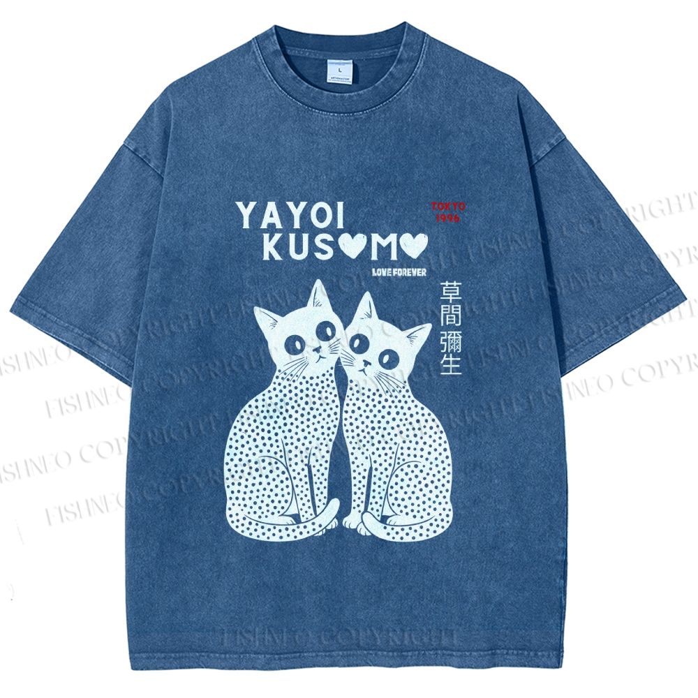 Unisex Yayoi Kusama Cat Printed Washed Tee