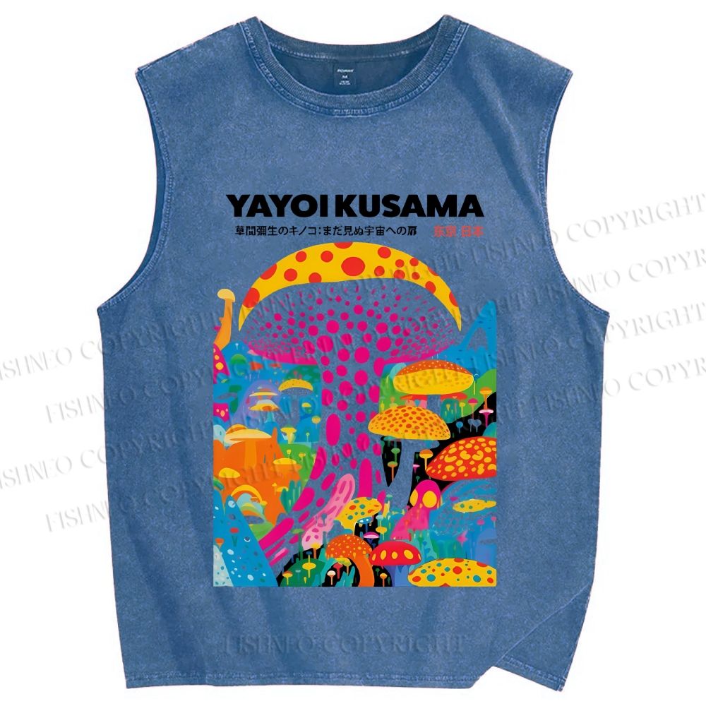 Unisex Japanese Yayoi Kusama Style Mushroom Printed Washed Tank Top