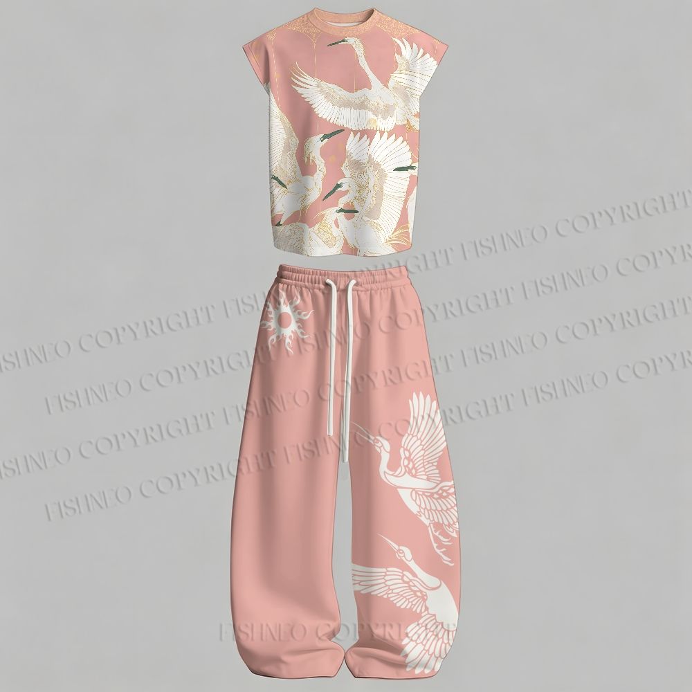 Men's Vintage Crane Sleeveless Tank Top & Elasticated Trousers pants Two-Piece Streetwear Set
