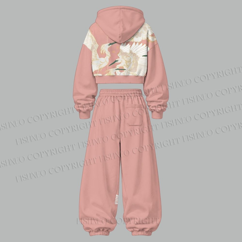 Vintage Crane Women's Cropped Long Sleeve Hoodie & High Waist Jogger Pants Two Piece Tracksuit Set