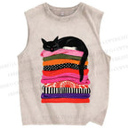 Unisex Black Cat Printed Washed Tank Top