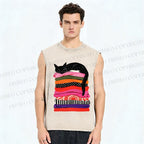 Unisex Black Cat Printed Washed Tank Top