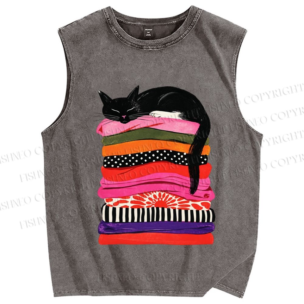 Unisex Black Cat Printed Washed Tank Top
