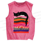 Unisex Black Cat Printed Washed Tank Top