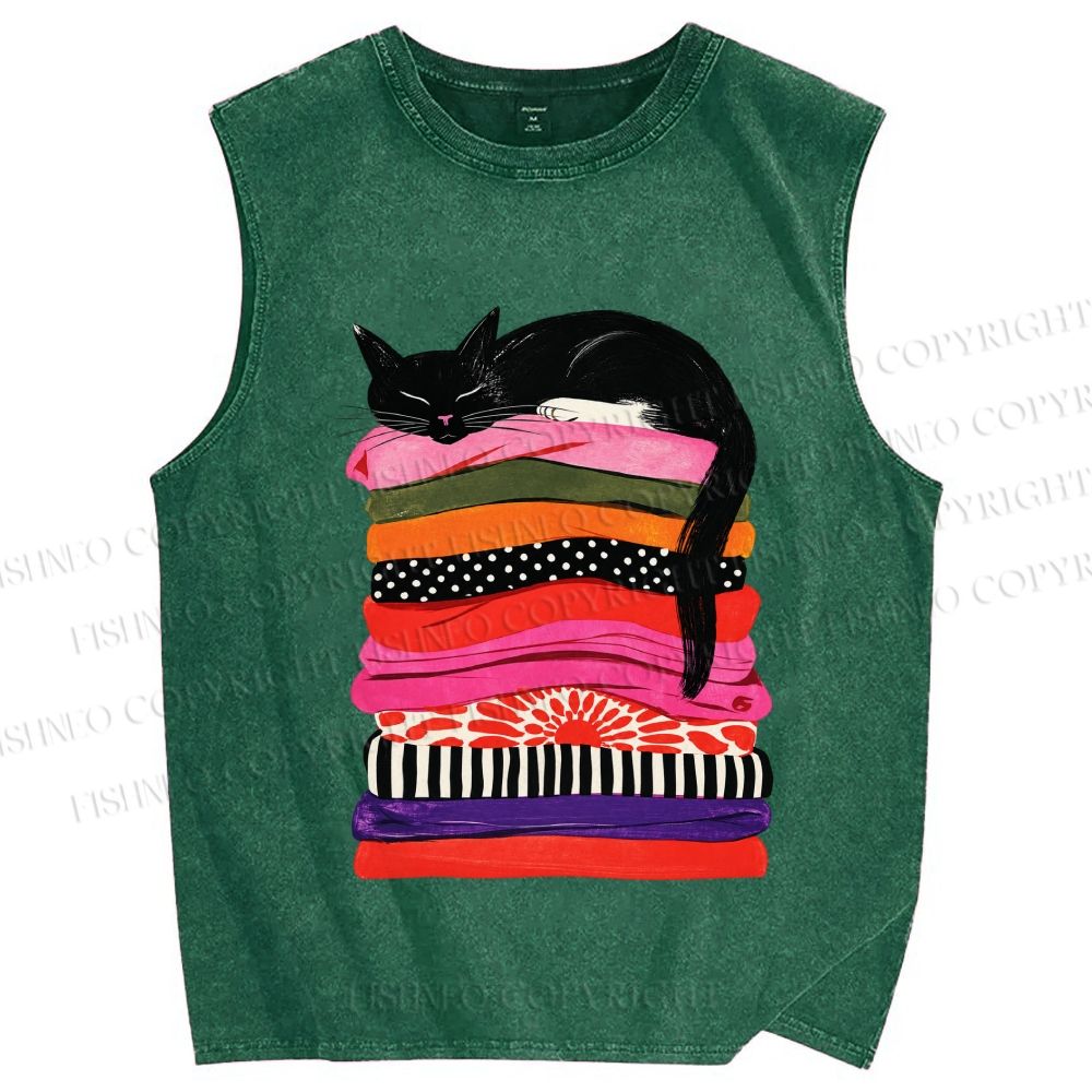 Unisex Black Cat Printed Washed Tank Top