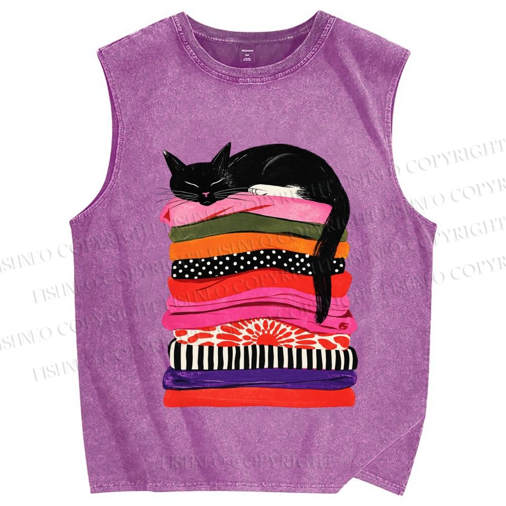 Unisex Black Cat Printed Washed Tank Top