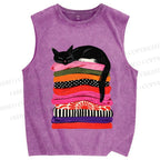 Unisex Black Cat Printed Washed Tank Top
