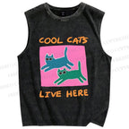 Unisex Cool Cats Live Here Printed Washed Tank Top