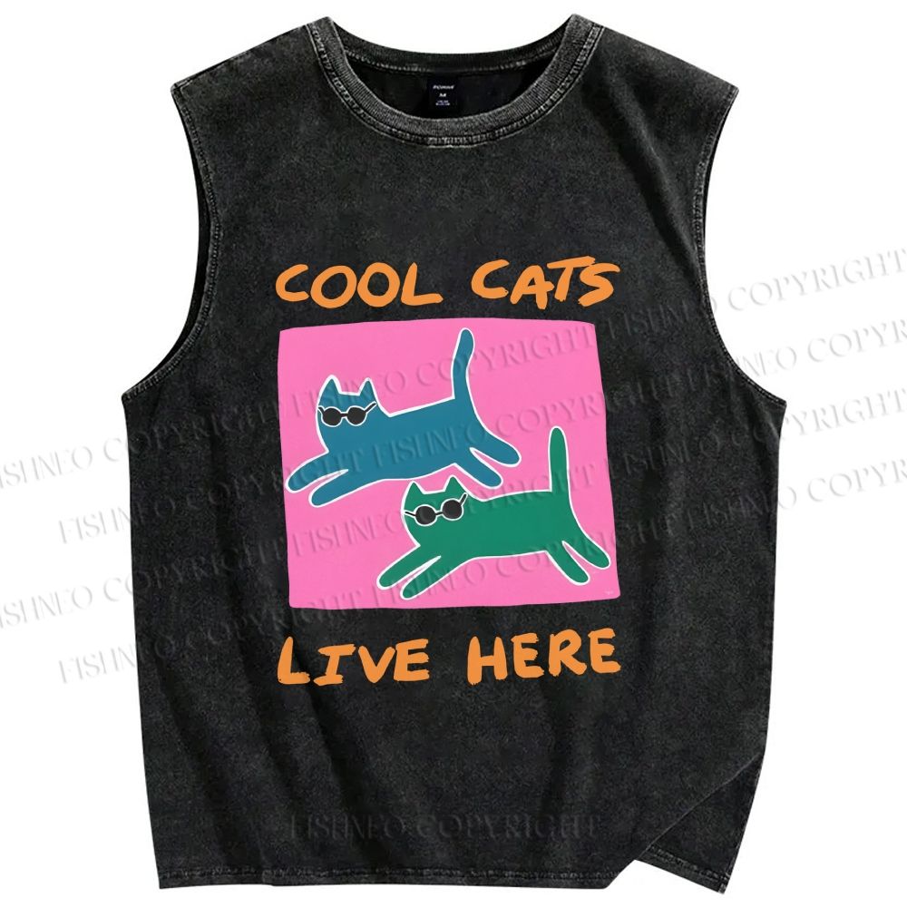 Unisex Cool Cats Live Here Printed Washed Tank Top