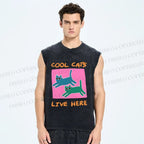Unisex Cool Cats Live Here Printed Washed Tank Top