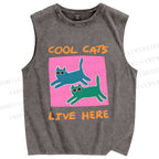 Unisex Cool Cats Live Here Printed Washed Tank Top