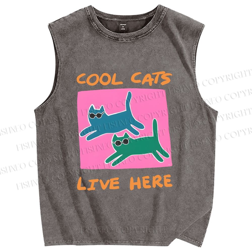 Unisex Cool Cats Live Here Printed Washed Tank Top