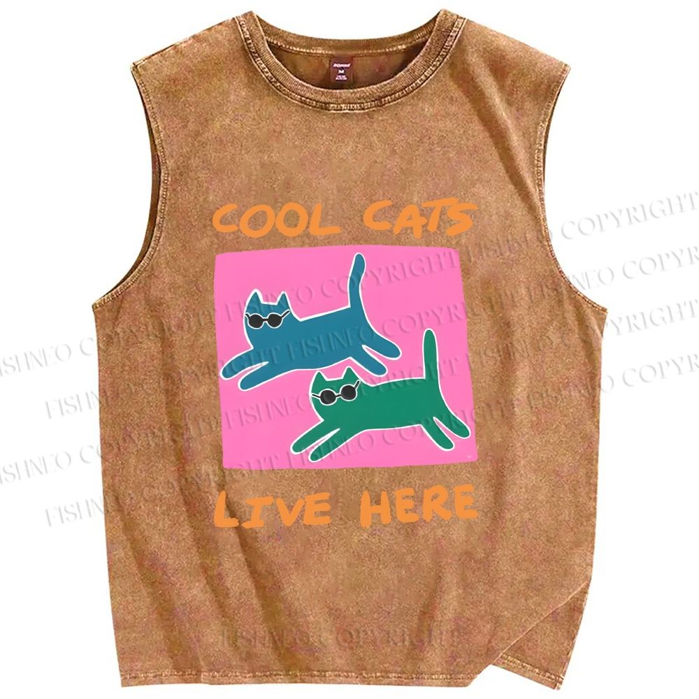 Unisex Cool Cats Live Here Printed Washed Tank Top