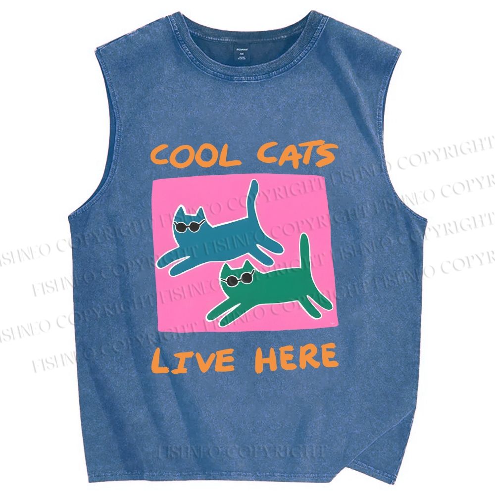 Unisex Cool Cats Live Here Printed Washed Tank Top