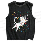 Unisex Cat With Christmas Lights Printed Washed Tank Top