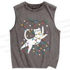 Unisex Cat With Christmas Lights Printed Washed Tank Top
