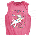 Unisex Cat With Christmas Lights Printed Washed Tank Top