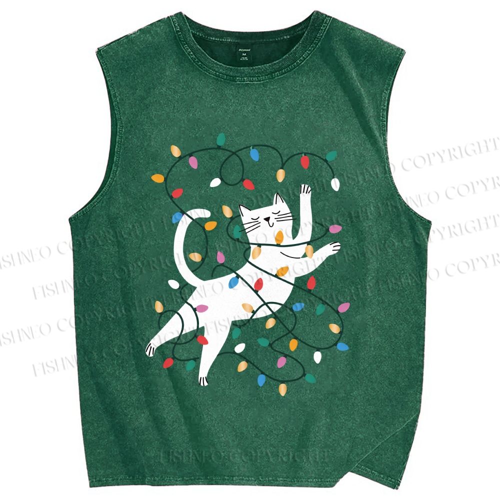 Unisex Cat With Christmas Lights Printed Washed Tank Top