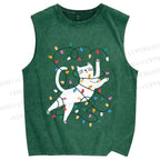Unisex Cat With Christmas Lights Printed Washed Tank Top