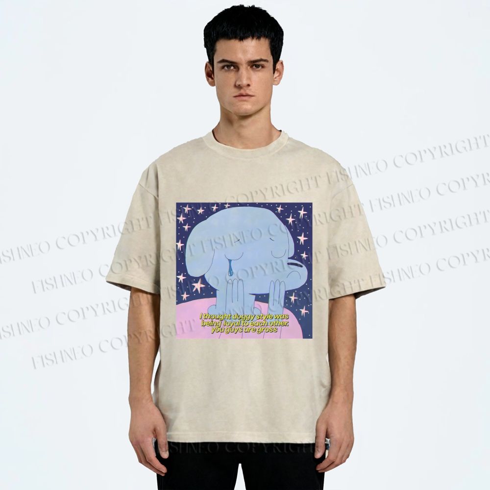 Unisex Crying Blue Dog Meme Printed Washed Tee