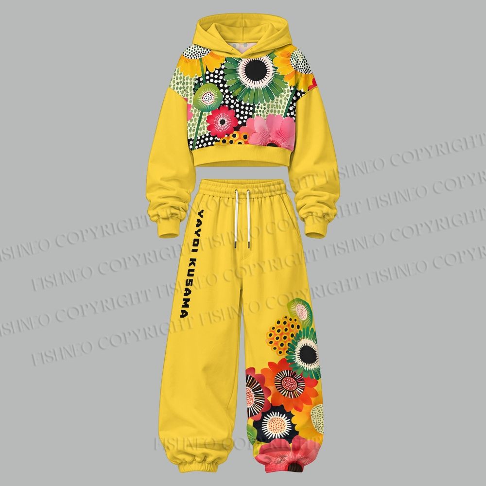 Flowers Yayoi Kusama Women's Cropped Long Sleeve Hoodie & High Waist Jogger Pants Two Piece Tracksuit Set