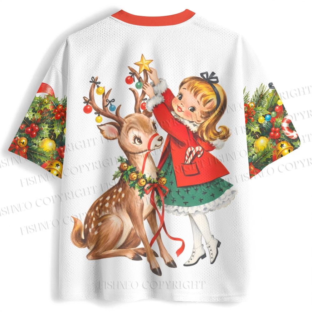 Retro Christmas Little Girl With Deer Jersey Shirts