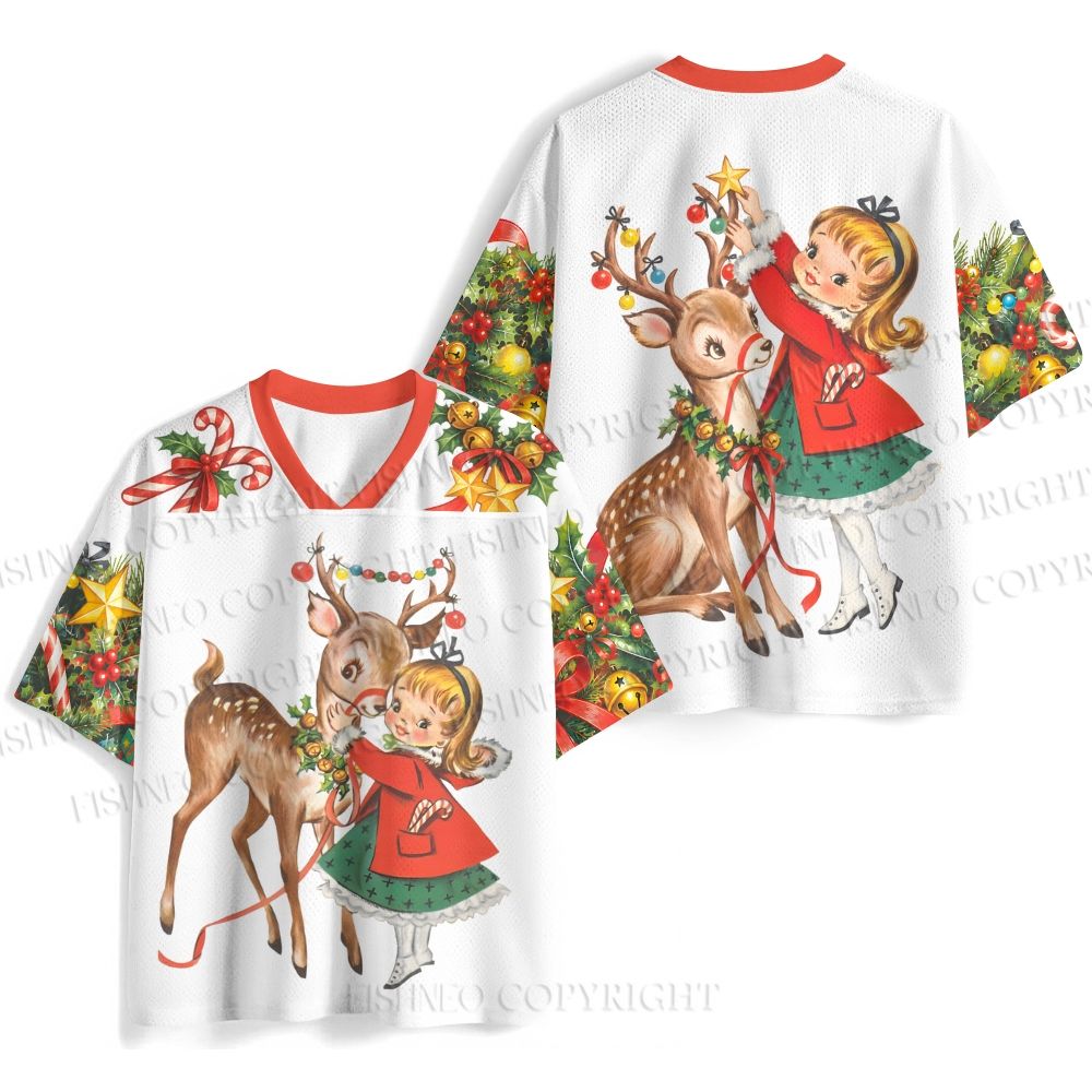 Retro Christmas Little Girl With Deer Jersey Shirts
