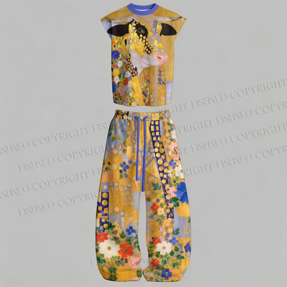 Men's Klimt Funny Cow Sleeveless Tank Top & Elasticated Trousers pants Two-Piece Streetwear Set