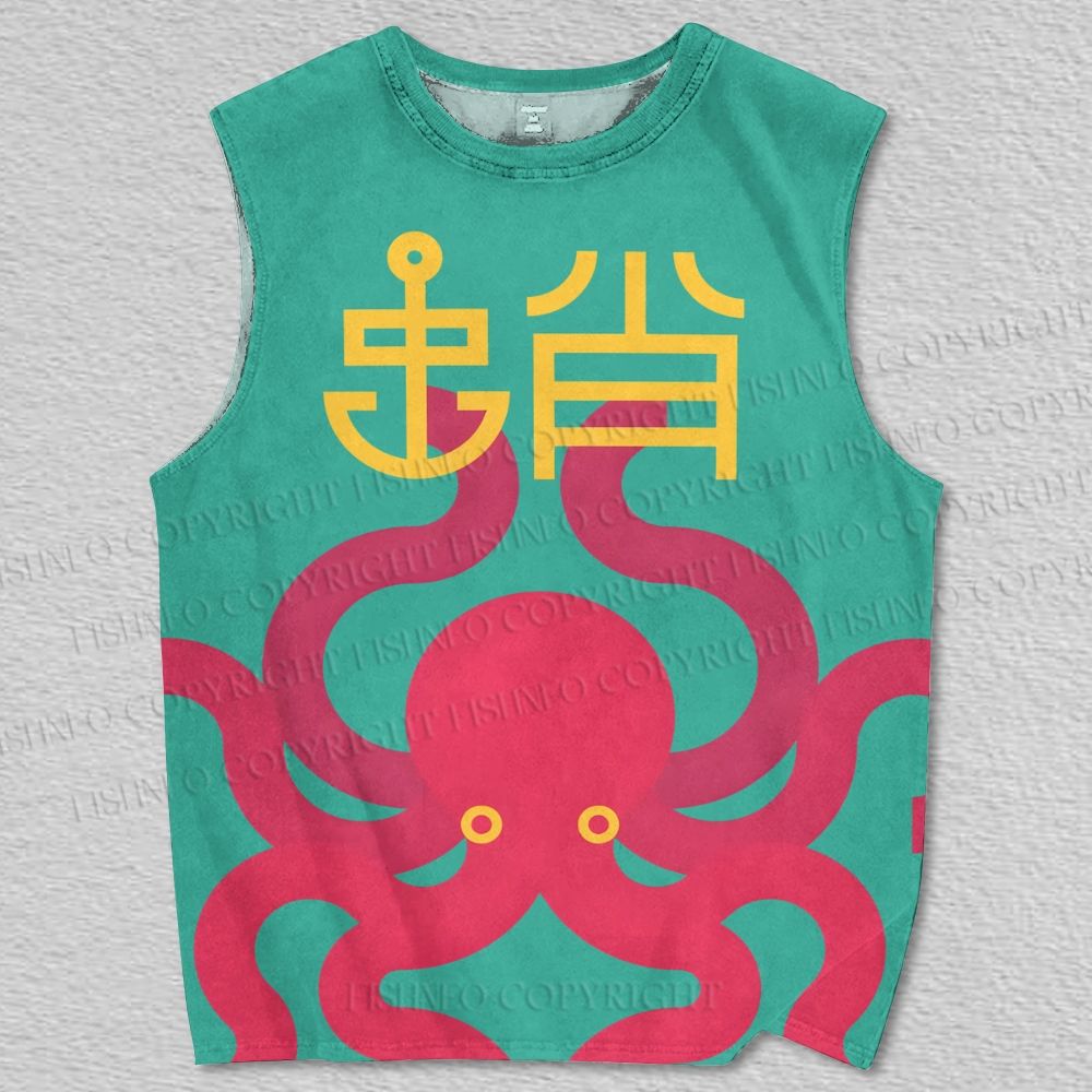 Unisex Pink Octopus in Green Ocean Printed Tank Top