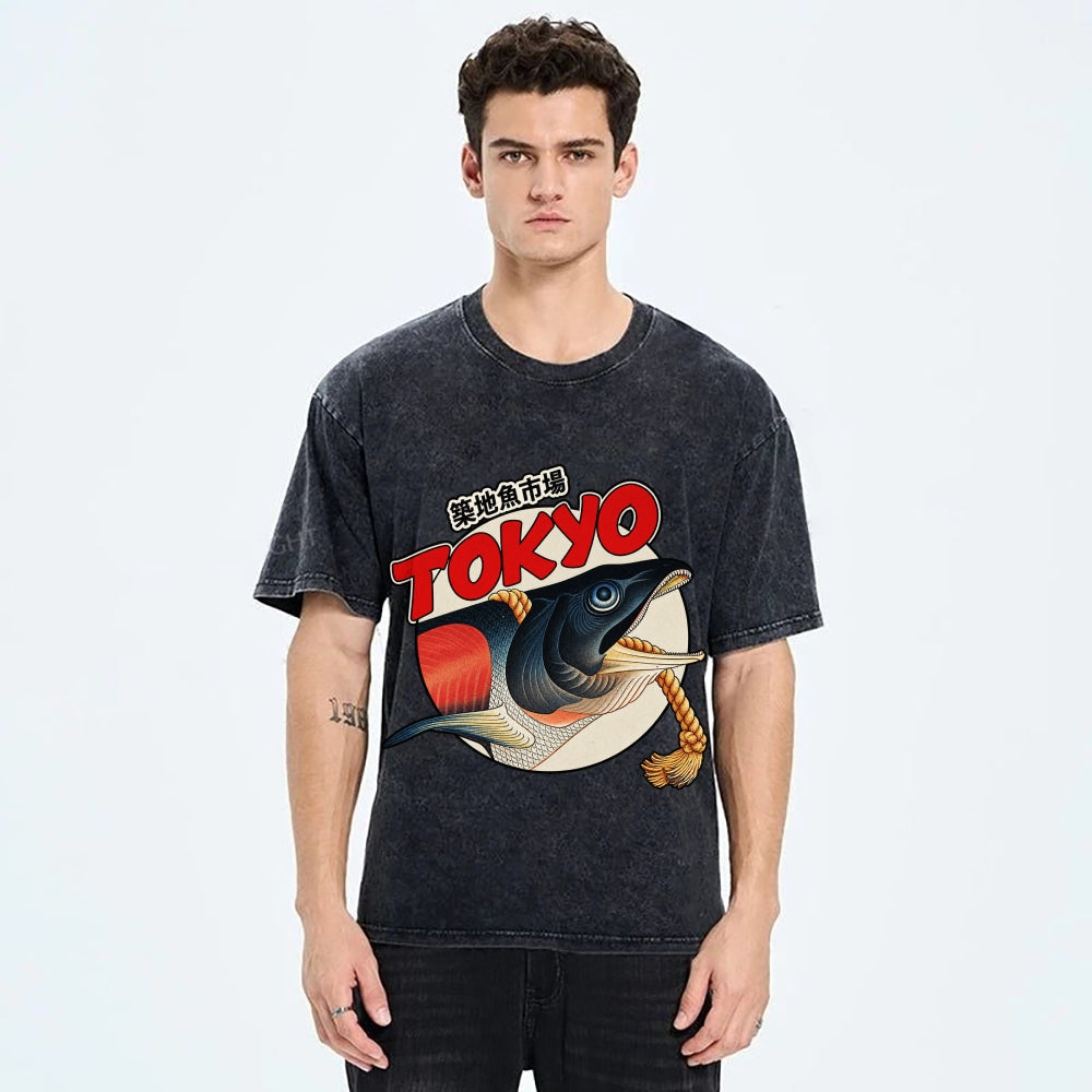 Unisex Tsukiji Fish Market Printed Washed Tee