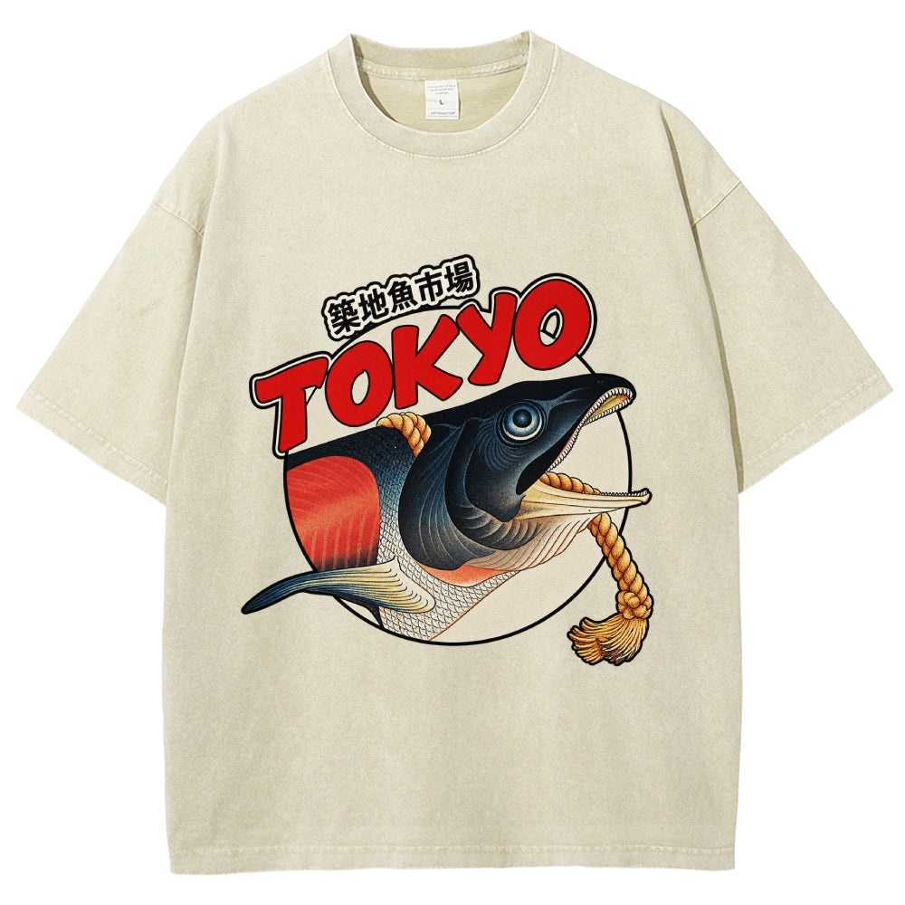 Unisex Tsukiji Fish Market Printed Washed Tee